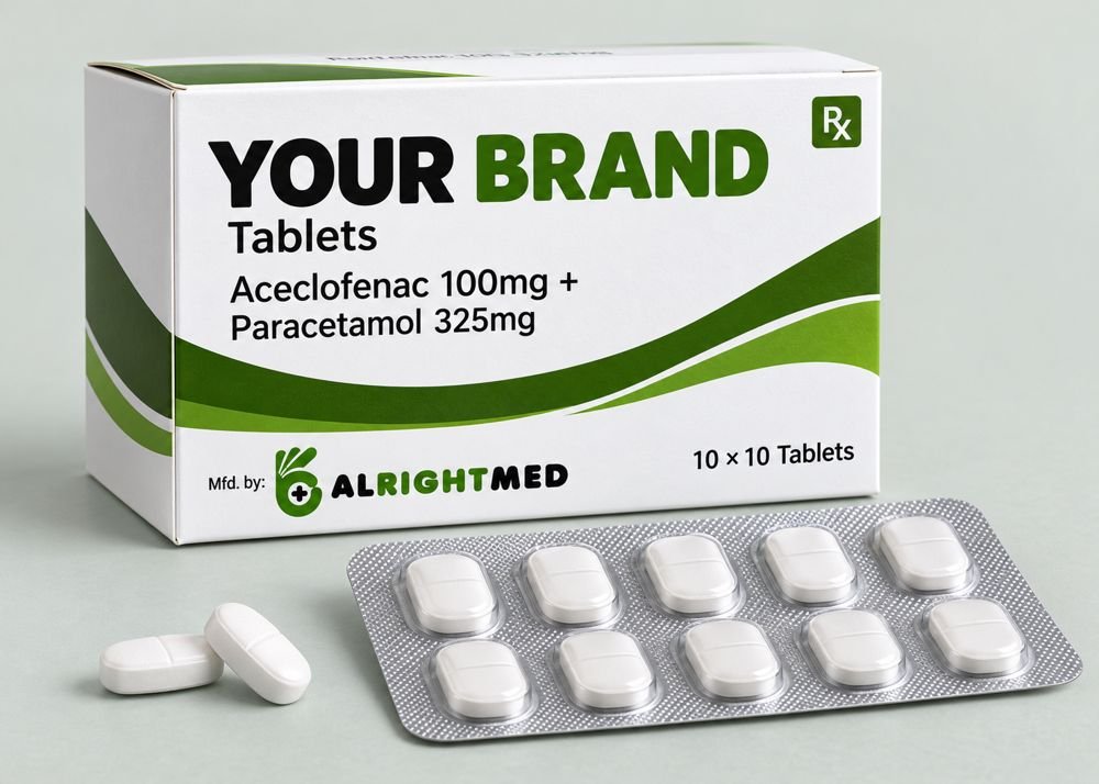 Aceclofenac Tablets — Aceclofenac 100mg + Paracetamol 325mg, manufactured under your brand by Alrightmed