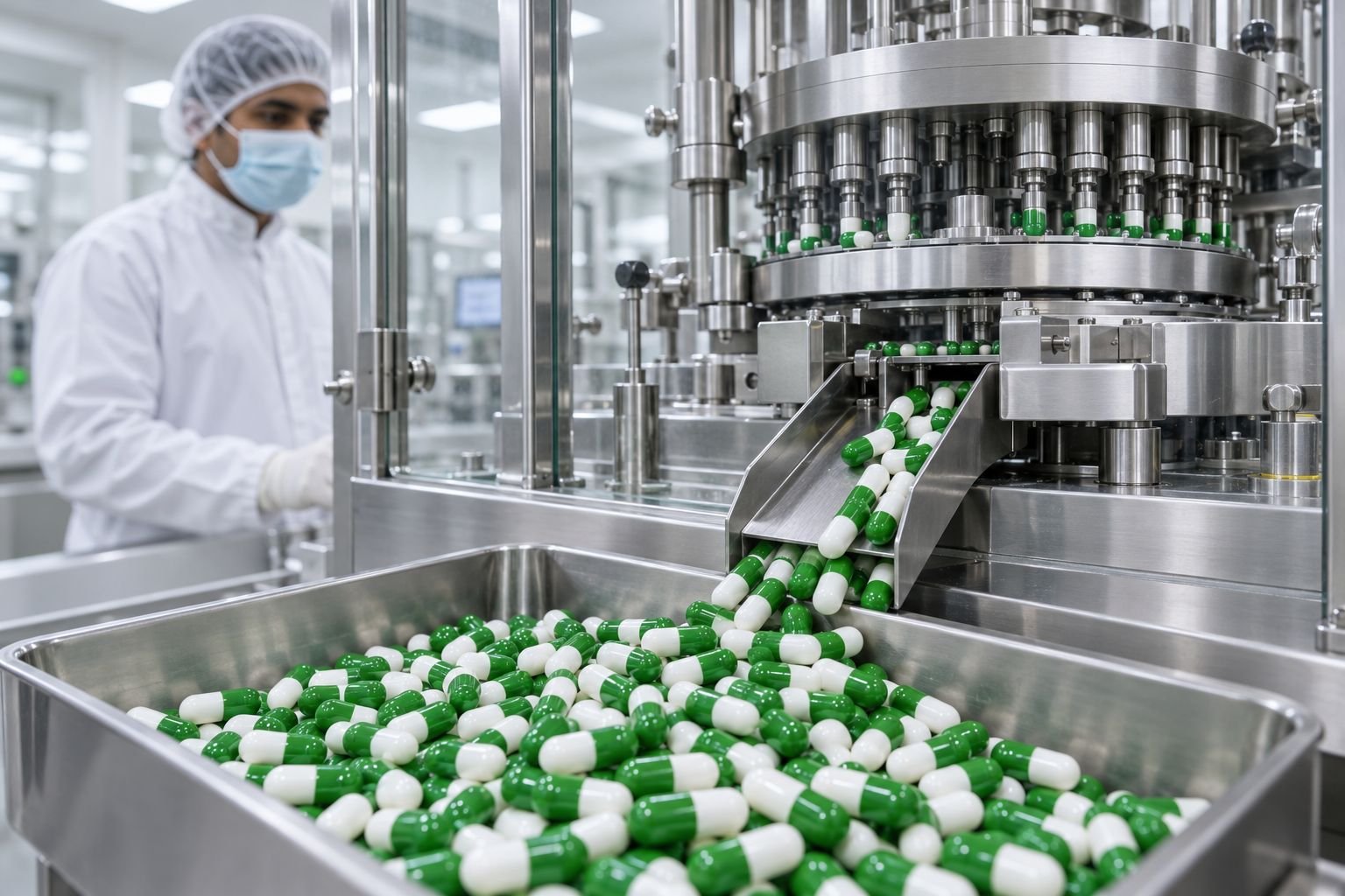 Automatic capsule filling machine with green and white capsules