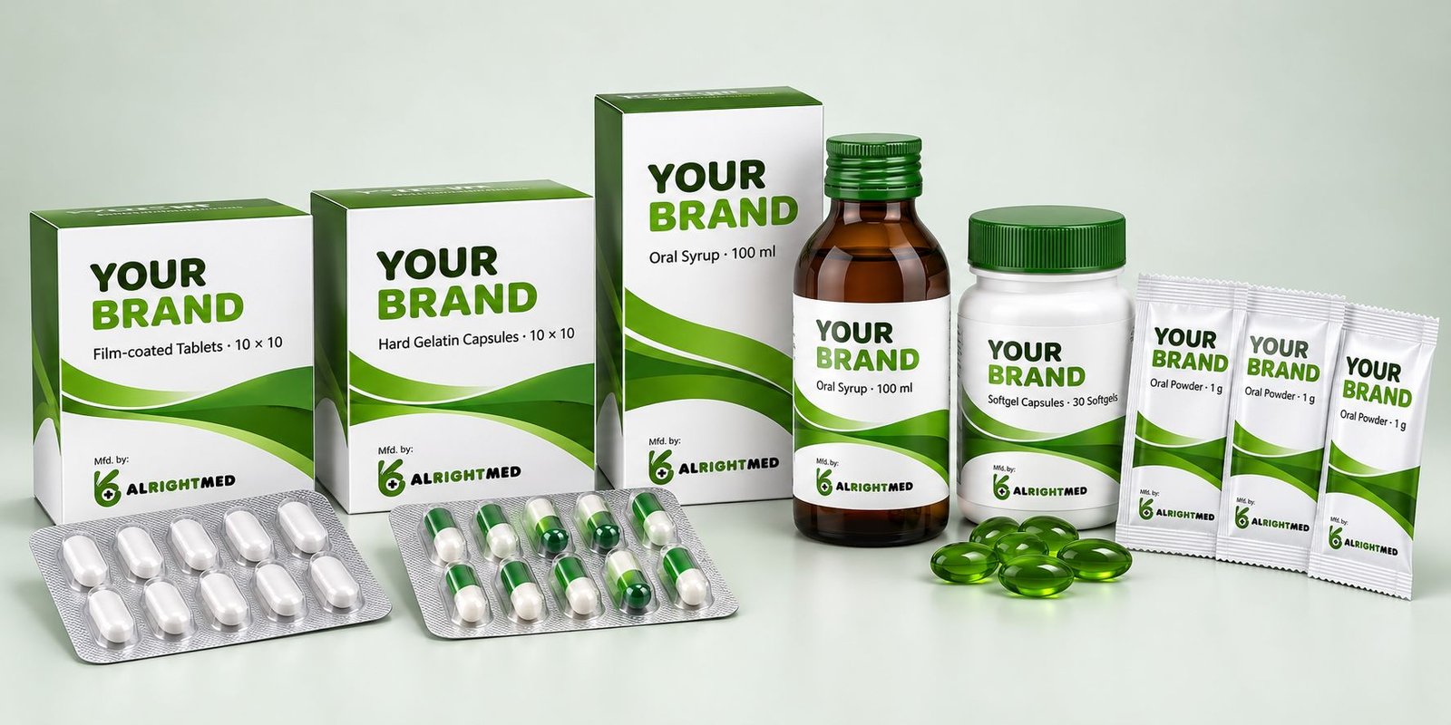 A full product range under one brand: tablets, capsules, syrup, softgels and sachets, manufactured by Alrightmed