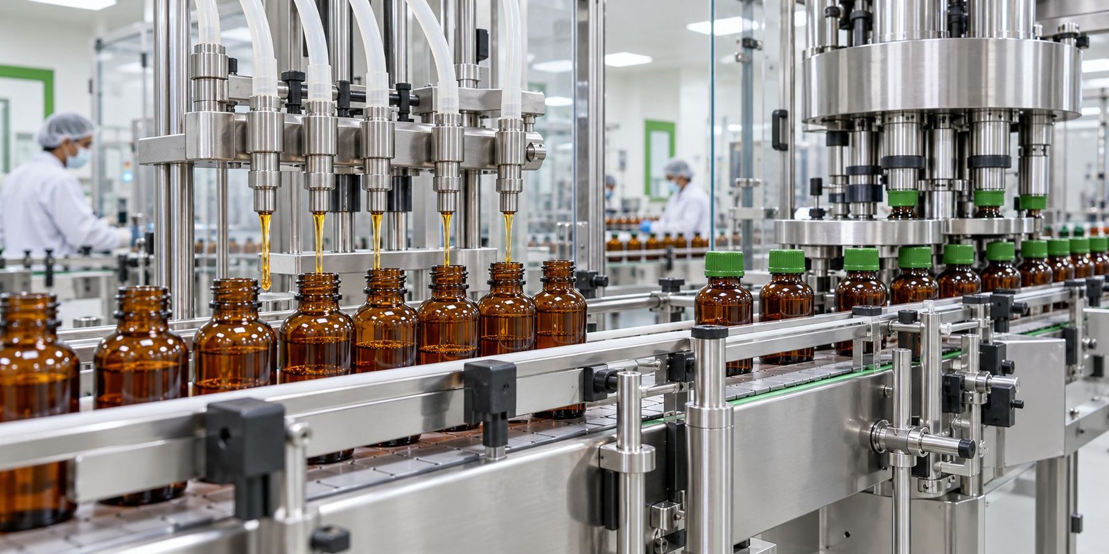 Amber syrup bottles on an automatic filling line