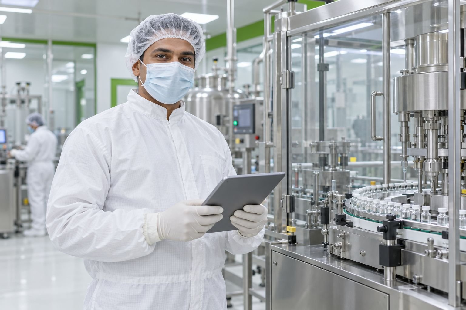 Production supervisor in cleanroom clothing beside the packing line