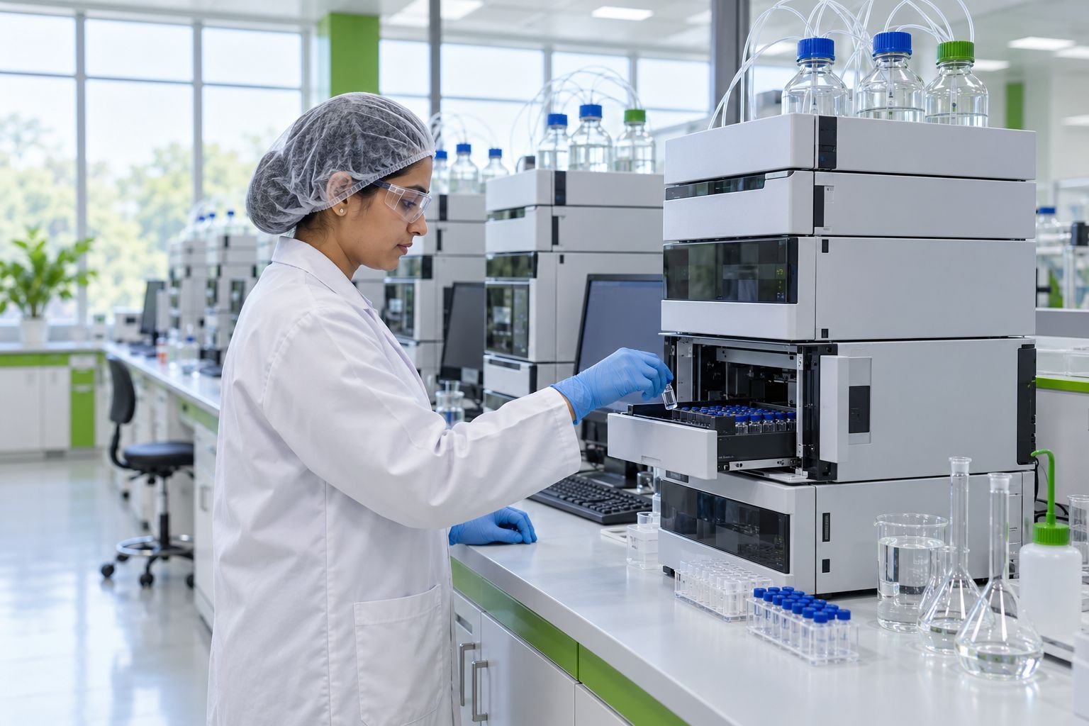 Analyst loading samples into an HPLC instrument in the quality control lab