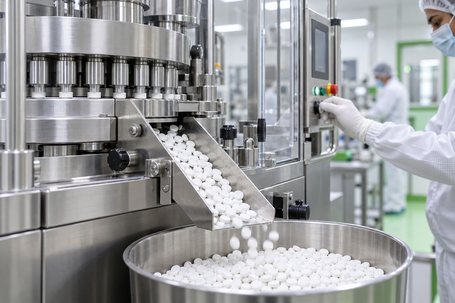 Rotary tablet compression machine discharging tablets